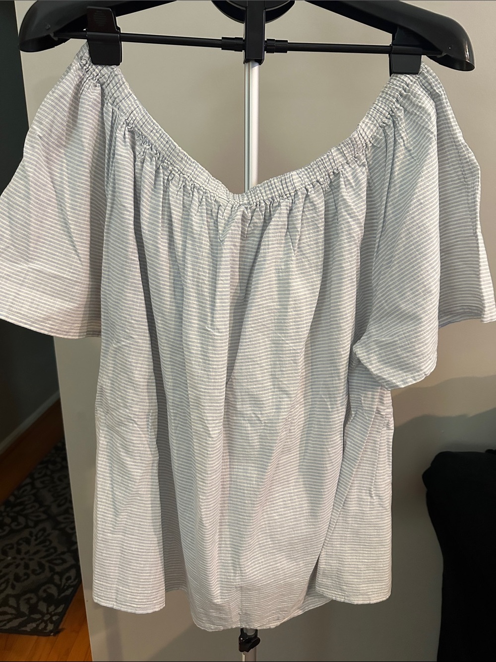 Dip Off The Shoulder Top Women 2X Blue White Striped Coastal Boho Blouse - Picture 4 of 4